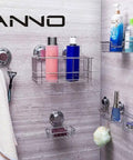 Shower wall with powerful vacuum suction cup hooks holding metal racks for bottles, towels hanging, against a tiled background.