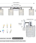 Dimensions and bulb options for Crystal Vanity Lights For Bathroom And Mirror, Chrome Vintage Style Wall Sconce With 4 Lights, K9 Crystal Shade.