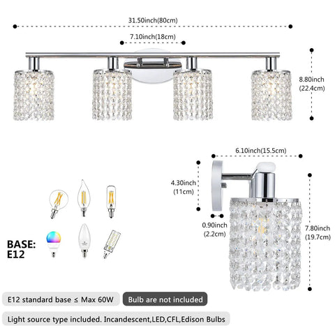 Dimensions and bulb options for Crystal Vanity Lights For Bathroom And Mirror, Chrome Vintage Style Wall Sconce With 4 Lights, K9 Crystal Shade.