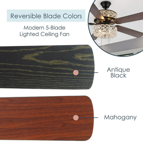Double Lit 5 Blade Beaded Braid Led Ceiling Fan with Crystal Bead Shade showing reversible blade colors in antique black and mahogany