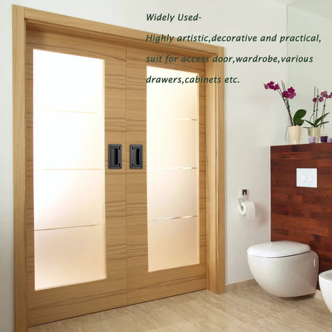 Modern interior with wooden doors featuring Recessed Zinc Alloy Pull Handle for Cabinets and Containers Black Flush Mount Door Handle 4.37 Inch Long Rust Resistant Anti Corrosion Finish Easy Installation With Detailed Instructions Durable Recessed Drawer Handle 1 Pack installed