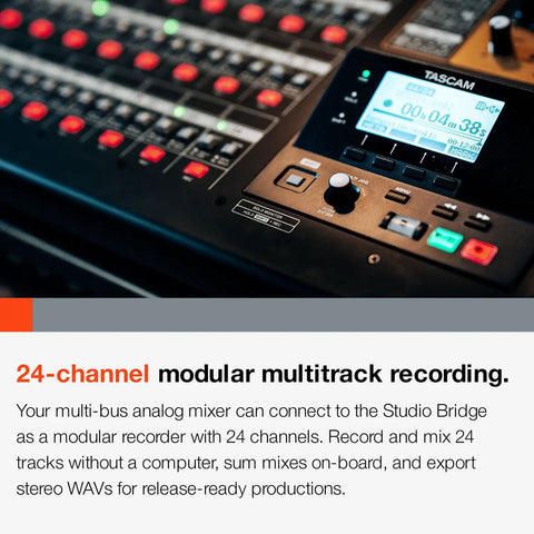 Display panel and controls of the Studio Bridge 24 Channel Multi Track Recorder And USB Audio Interface With MIDI For Home Studio Recording Delivers Analog Tone To Your DAW Or Standalone Setup Pro Quality Audio.