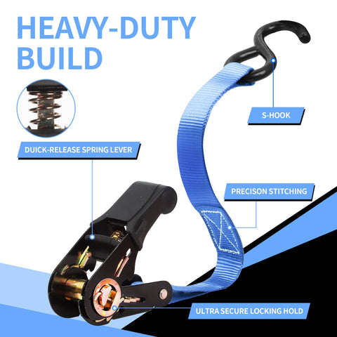 Beefy 1 Inch By 15 Foot Ratchet Tie Down Straps 1500 Lbs Break Strength 500 Lbs Working Load with S-hook and secure stitching