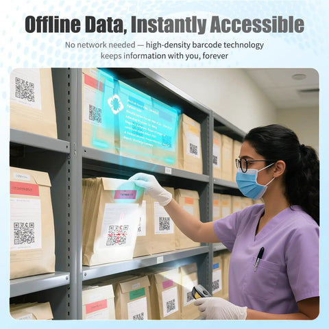 Person using upgraded wireless QR code scanner for inventory management in a storage room with bags and barcodes on shelves.