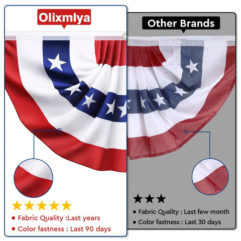 Comparison of Olixmlya 8 Pack Pleated Bunting Flags For Outdoor Use 1.5x3 Ft and other brands highlighting fabric and color quality.