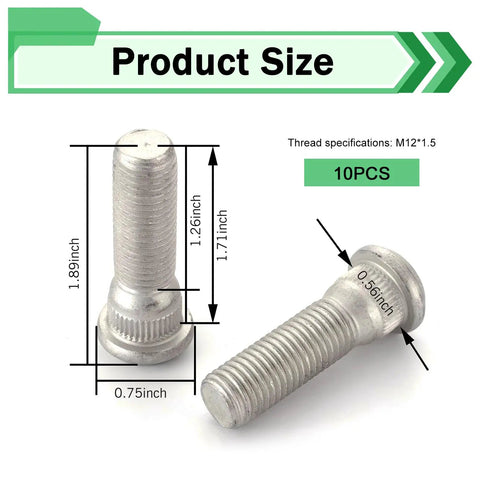 Heavy Duty Rock Solid Wheel Studs M12 By 1.5 Thread 49 Millimeter Long Steel Lug Bolts Rustproof OEM Replacement Auto Parts size dimensions shown.