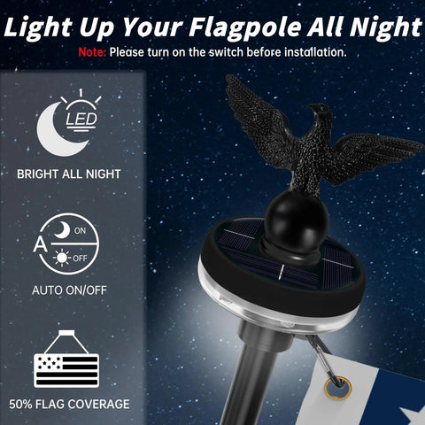 All In One 5 Foot Flag Pole Kit For Outdoor Home Use With American Flag And Solar Light showing solar LED light at night