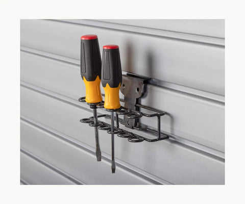 All Steel Screwdriver Rack For Slatwall Panels Built Tough And Holds Six Tools, Fits StoreWall And HandiWall, shown installed with tools