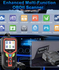 All In One OBD2 Scanner Diagnostic Tool for Cars and Trucks with plug and play interface shown in a car dashboard with icons.