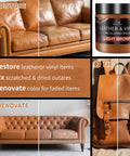 Before and after images of leather items showing Heavy Hitter Leather Revival Balm And Scratch Fix Kit on couches and bags.
