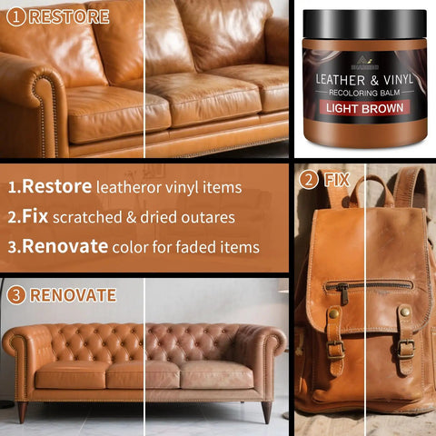 Before and after images of leather items showing Heavy Hitter Leather Revival Balm And Scratch Fix Kit on couches and bags.