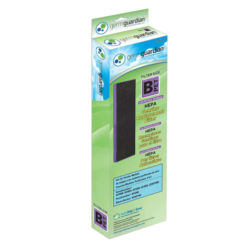 Pet Pure HEPA Replacement Filter 99.97 Percent Allergen Capture for Pet Dander Hair Odors in packaging box showing filter size B label
