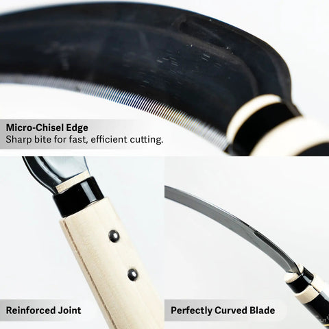 Close-up of Workhorse Harvest Sickle And Saw Sickle Hand Tool with SK5 steel micro-chisel edge, reinforced joint, curved blade.