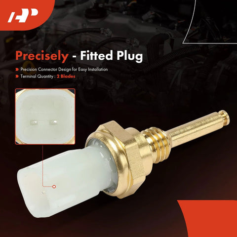 A-Premium two-pin engine coolant temperature sensor with brass body and white plastic tip.