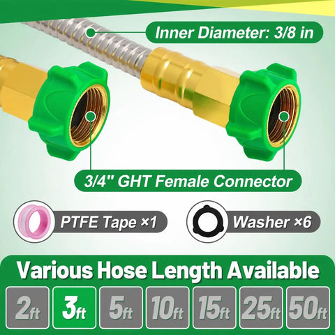 3Ft Short Garden Hose With Double Female Connectors For Quick Hose Reel Setup Workhorse Heavy Duty 304 Stainless Steel Flexible Water Hose With 3/8 Inch Diameter