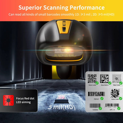 Close-up of Rugged Industrial Bluetooth Barcode Scanner With Charging Dock showing scanning capability and barcode options.