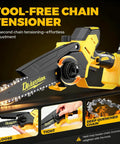 Cordless Mini Chainsaw Compatible With 20V Max Batteries with tool-free chain tensioner and deep quenched chain feature.