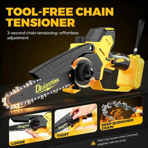 Cordless Mini Chainsaw Compatible With 20V Max Batteries with tool-free chain tensioner and deep quenched chain feature.