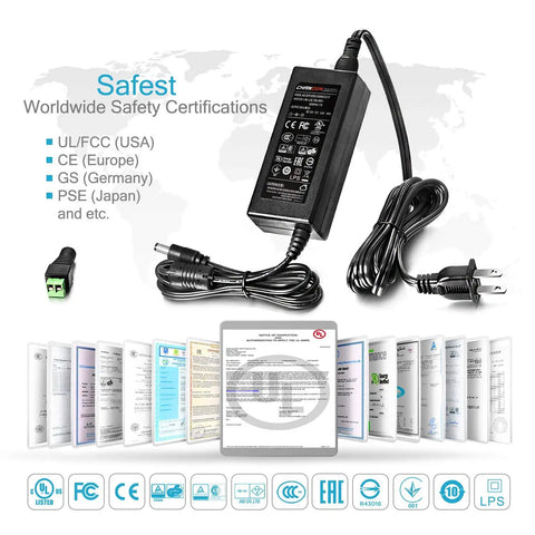 UL Listed 12V 5A Power Supply 60W AC DC Switching Adapter Wall Wart Converter with safety certifications and documents visible