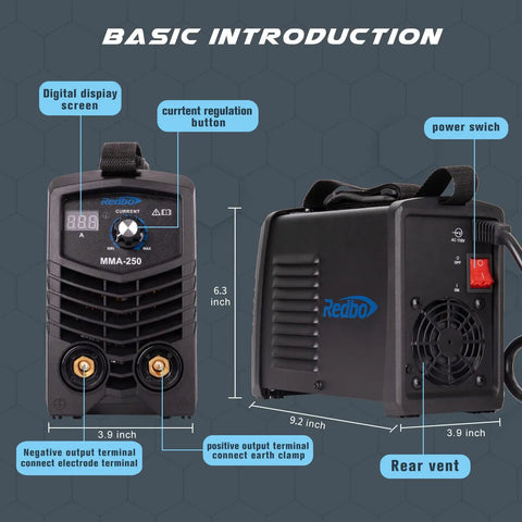 Front and rear view of 110V Mini DC Inverter MMA Welder With LCD Digital Display, IGBT Inverter, portable stick welder.