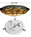 Tiffany Style Stained Glass Ceiling Light 3 Light Fixture 16 Inch Flush Mount with colorful glass and fixture dimensions.