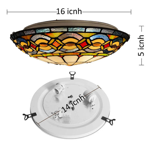 Tiffany Style Stained Glass Ceiling Light 3 Light Fixture 16 Inch Flush Mount with colorful glass and fixture dimensions.