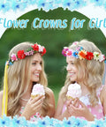 Two girls wearing DIY Flower Crown Making Kit With 168 Pieces For Creating Floral Wreath Headbands And Bracelets Craft Set