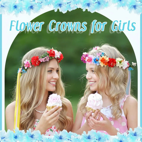 Two girls wearing DIY Flower Crown Making Kit With 168 Pieces For Creating Floral Wreath Headbands And Bracelets Craft Set