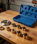 Score This Killer Acrylic Router Base With Centering Pin And Bang For Buck Ten Piece Brass Guide Bushing Set 10mm To 30mm Comes With Nifty Storage Case showcasing brass bushings and blue storage case.