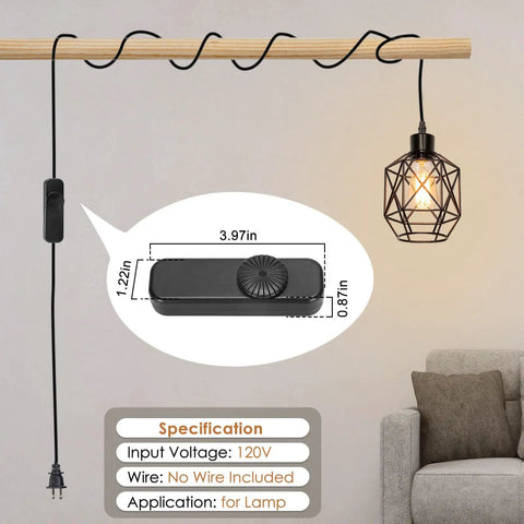 Snag This Hella Useful 2 Pack Black Cord Lamp Dimmer Switch, Full Range Rotary Brightness Control, showing dimmer switch and hanging light.