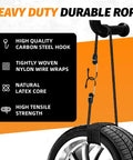 Heavy Duty Bungee Cords With Hooks Eight Pack In Four Sizes tensioning a tire with carbon steel hook and nylon wraps