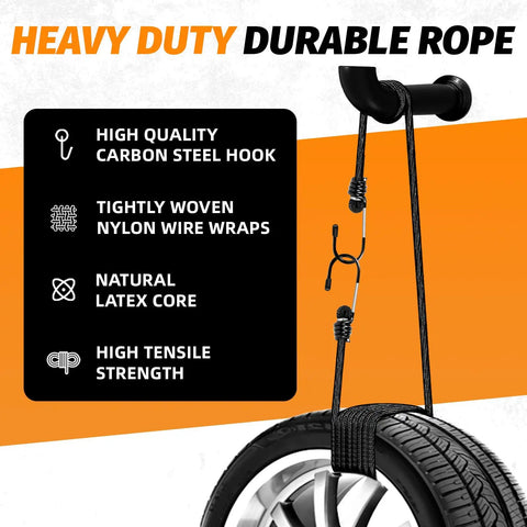 Heavy Duty Bungee Cords With Hooks Eight Pack In Four Sizes tensioning a tire with carbon steel hook and nylon wraps