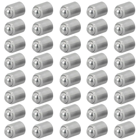 Forty Piece Heavy Duty Stainless Steel Press Fit Ball Plungers arranged in rows, showing smooth cylindrical design for precision use.