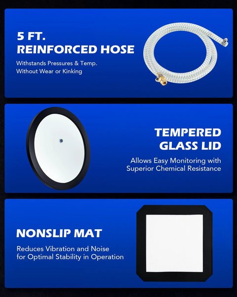 Orion Motor Tech 3-Gallon vacuum chamber kit with 5 ft reinforced hose, tempered glass lid, and nonslip mat