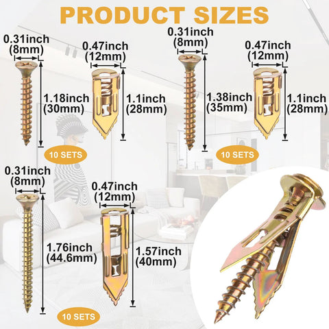 60 Pcs Self Drilling Anchors And Screws Kit For Heavy Duty Wall Mounting No Drill Required With product sizes displayed