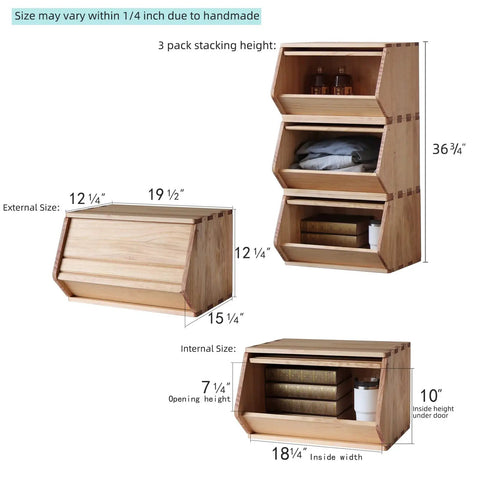 Stackable Solid Wood Storage Chests 3 Pack For Hallway Entryway And Closet Organization, shown with dimensions