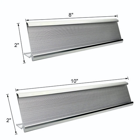 Textured Aluminum Name Plate Holders For Wall And Desk, shown in 2x8 and 2x10 inch sizes, easy screw mount.