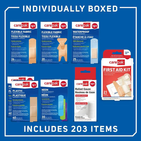 CarePak 203-piece first aid kit with assorted bandages including flexible fabric, waterproof and plastic, front view