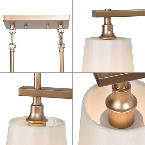 Details of Gold Farmhouse Linear Pendant Light for Dining Room and Kitchen Island, 3 Light Modern Chandelier with White Linen Fabric Shades.