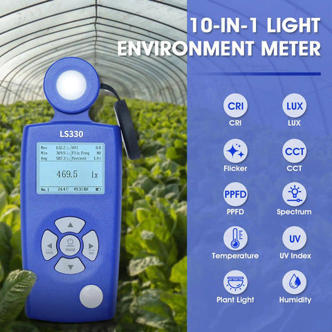 All In One Light Meter For Illuminance PPFD UV Index And Flicker Analysis High Precision Lux Meter And Color Temperature CRI Tester For LED Grow Lights And Indoor Agriculture in greenhouse