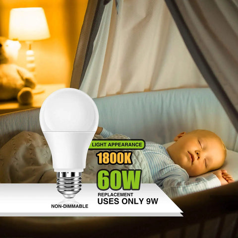 Amber A19 Light Bulbs 9W 60W Equivalent Blue Light Blocking next to sleeping baby in a dimly lit nursery