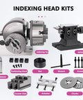 Rock Solid 8 Inch Adjustable 0 To 90 Degree Rotary Indexing Head With 3 Jaw Chuck And Tailstock Kit showing components for CNC milling tasks.