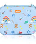 Rainlos mini travel first aid kit in light blue with rainbow and camping icons