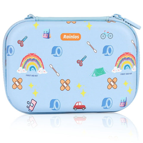 Rainlos mini travel first aid kit in light blue with rainbow and camping icons