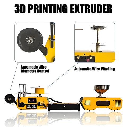 Compact Desktop Filament Extruder And Maker Machine For 3D Printers, features automatic wire diameter control and winding.