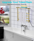 Brushed Gold Stainless Steel 4 Bar Wall Mounted Towel Warmer With Top Shelf Smart Timer Delivers Quick Heat In Minutes 131 To 141 Fahrenheit For Bathroom Comfort mounted above bathtub