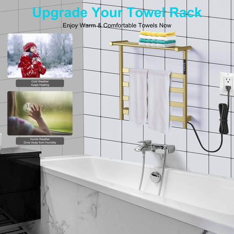 Brushed Gold Stainless Steel 4 Bar Wall Mounted Towel Warmer With Top Shelf Smart Timer Delivers Quick Heat In Minutes 131 To 141 Fahrenheit For Bathroom Comfort mounted above bathtub
