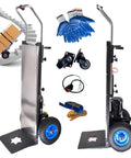 Huge 1200 Watt Electric Stair Climbing Hand Truck With 500 Kg Heavy Load Capacity And 48 Volt Battery Powered Sack Caddy showing side view, wheels, and accessory tools.