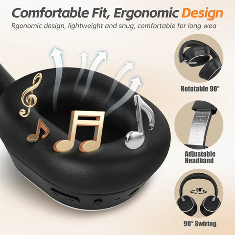 Hybrid ANC Wireless Headphones With All Day Comfort And Deep Bass, Hi Res Audio, Memory Foam Cushioned Ear Pads, Black
