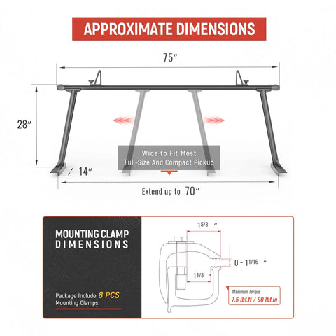 Extendable Aluminum Ladder Rack for Full Size Pickup Trucks No Drilling Required 71 Inch Wide 28 Inch High Sandy Black Finish Universal Fit Heavy Duty Construction Quick Install With Nylon End Caps And Stainless Steel Hook, dimensions and clamp details